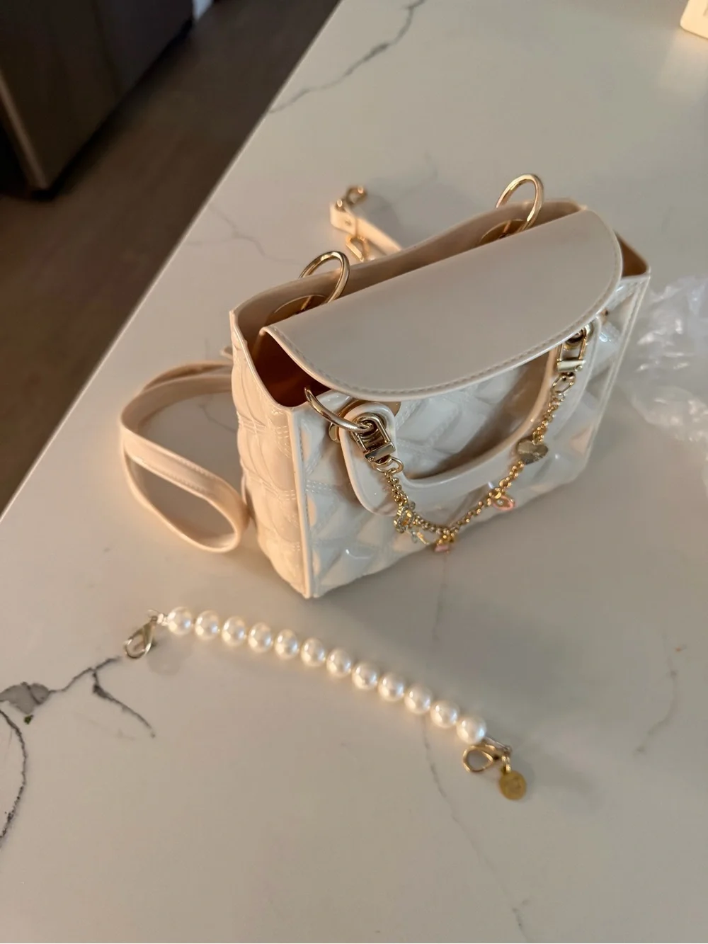 Ivory Quilted Patent Top-Handle Kids Bag with Charm Chain
